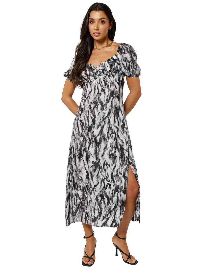Urban Bliss Grey Printed Sweetheart Neck Puff Sleeve Midaxi Dress With Slit